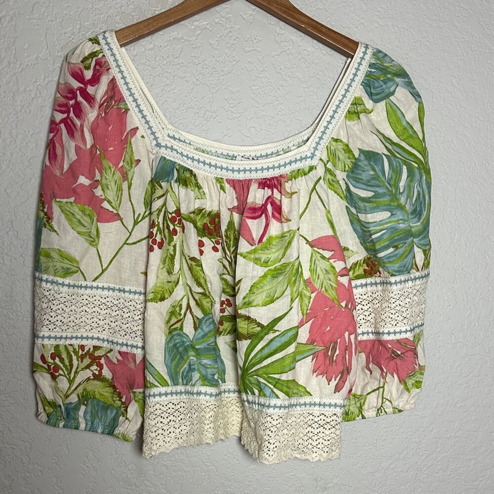Nicole Miller Linen Crochet Top Pink Green Floral Boho Tropical Vacation Large